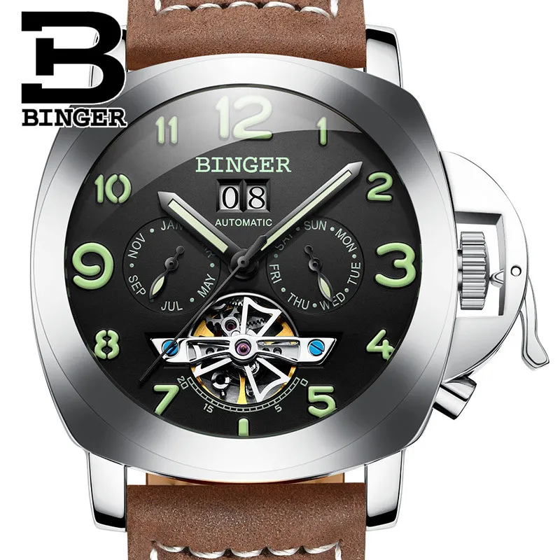 Швейцарские BINGER Мужские автоматические механические часы Tourbillon Роскошные модные брендовые мужские многофункциональные часы из натуральной кожи