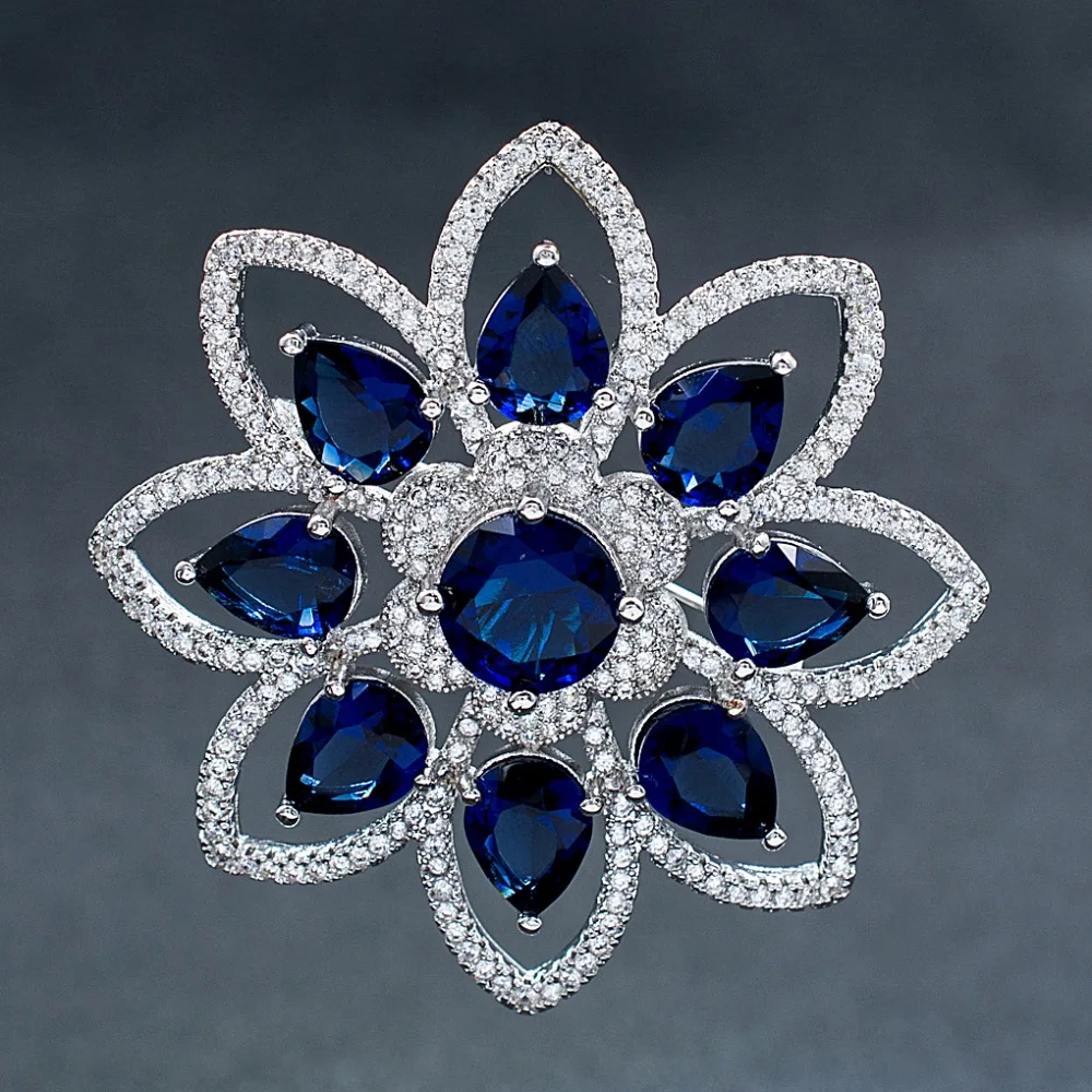 High Quality Cubic Zirconia Blue Star Flower Brooch Broach Pin Women Jewelry Dress Accessories