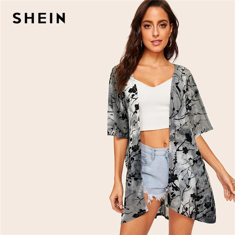 

SHEIN Boho Multicolor Chinese Botanical Print Tie Dye Kimono Cardigan Women Half Sleeve Spring 2019 Casual Vacation Long Kimonos