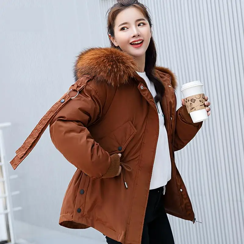 Cheap FTLZZ 2019 Women Winter Short Jacket Mujer Hooded Parkas Winter Coat Women Loose Parka Fur Collar Cotton Padded Jackets