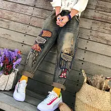 Винтажные женские джинсы, свободные брюки для женщин размера плюс, с вышивкой мультяшного робота, повседневные модные джинсовые штаны-шаровары w362