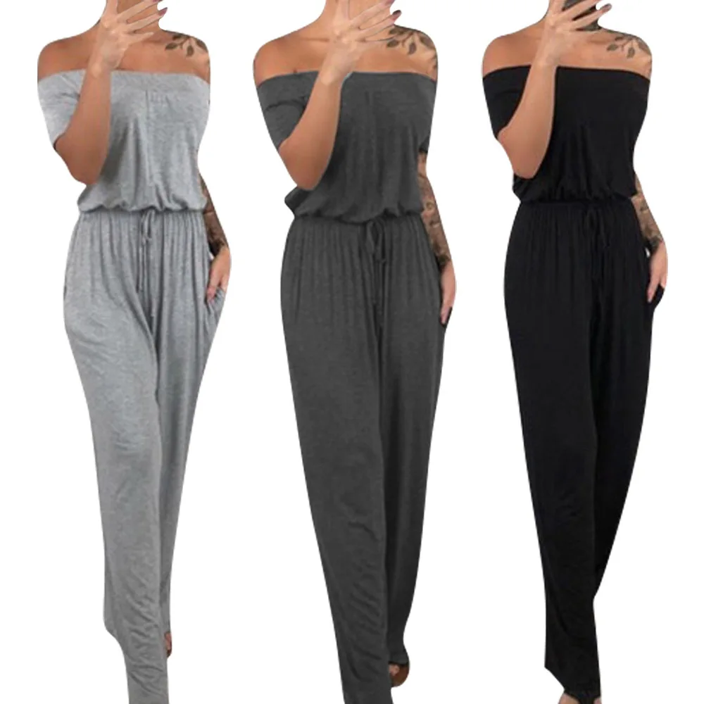 

2019 Summer Thin Women's Pockets Bow Jumpsuit Casual Solid Elastic Belt New Jumpsuits Slash Neck Loose Sexy Off-Shoulder Rompers