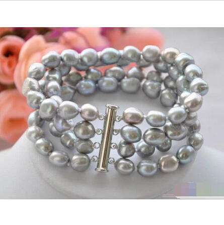 

P4440 4row 8" 9mm NATURE GRAY BAROQUE freshwater pearl BRACELET @^Noble style Natural Fine jewe SHIPPING new >>free shipping -Br