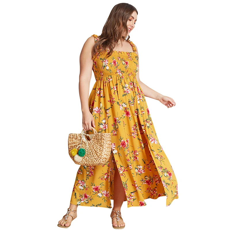 

WHZHM Floral Plus Size 3XL 4XL Dress Femme Sleeveless Flower Printed Hollow Out Split Sexy Beach Strap Backless Dress Women