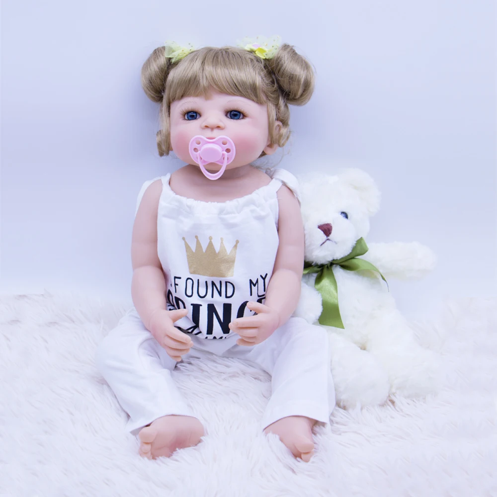 

22 inch Silicone Reborn Babies Princess girl Doll Toys For Children Lifelike blond hair Bebe Reborn doll with bear plush toy