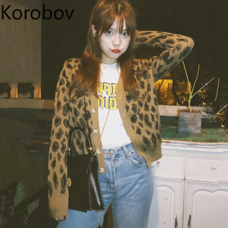 

Korobov 2019 Autumn New Arrival Sueter Mujer Long Sleeve Single Breasted Cardigans Women Leopard Print Korean Sweaters 78052