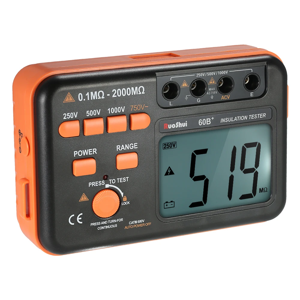 

RuoShui 60B+ 1000V Insulation Resistance Meter Ground Tester Megohmmeter Voltmeter LCD Backlight Display