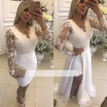

White Muslim Evening Dresses 2019 A-line V-neck Long Sleeves Lace Beaded Islamic Dubai Saudi Arabic Long Formal Evening Gown