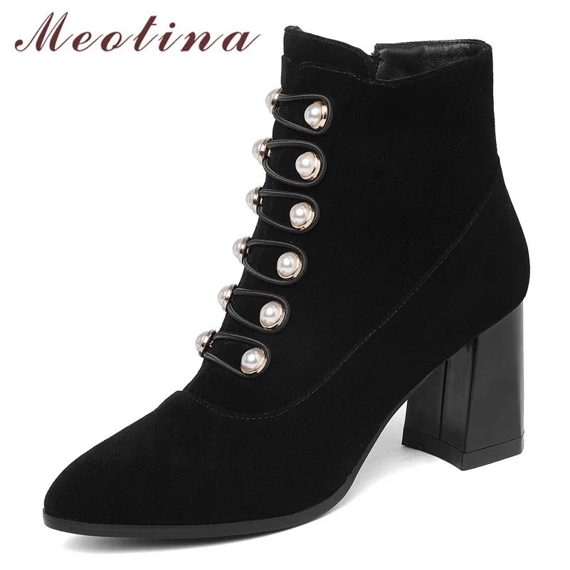 

Meotina Winter Ankle Boots Women Kid Suede Pearl Block High Heel Short Boots Genuine Leather Zipper Shoes Female Autumn Size 39