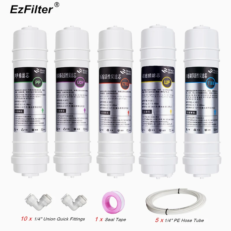 

10" Water Purifier Level 5 Replace Filter Cartridges PP Sediment Filter+UDF+CTO+Hollow Fiber UF Membrane+T33 Post Carbon Filter