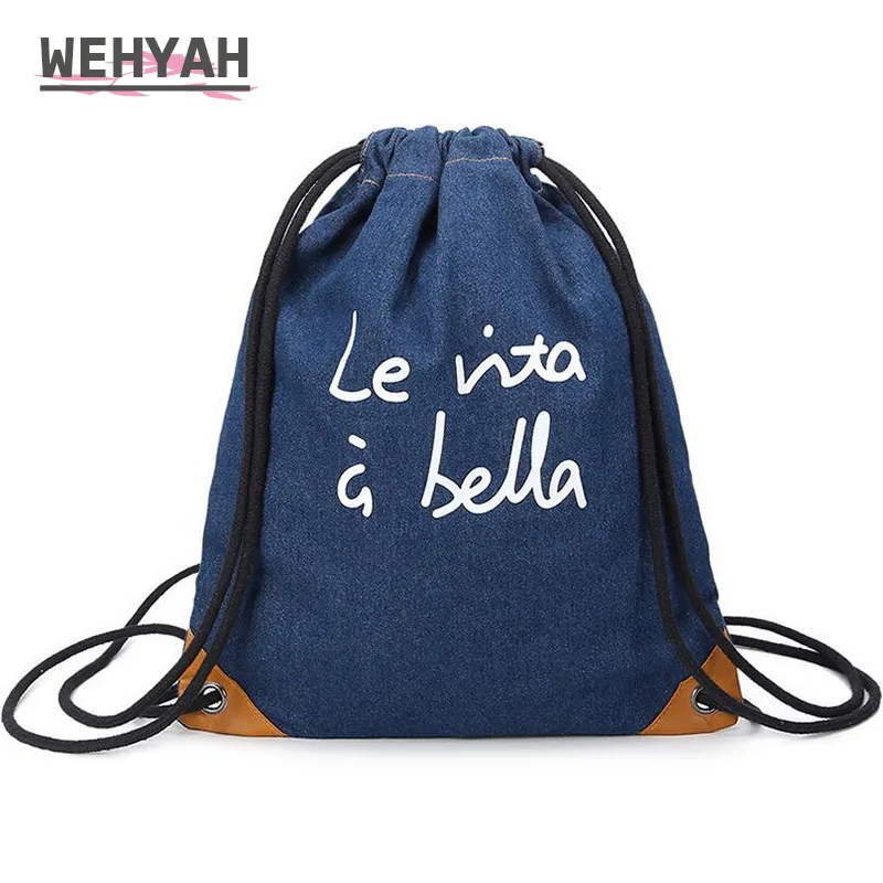 Wehyah Denim Drawstring Bag Women Men Casual Travel Storage String Package Functional School Backpack Pouch for