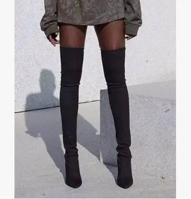 

2017 Spring Hot Selling Knit Thigh High Boots Chunky High Heels Slingbacks Stretch Peep Toe Over The Knee Boots Sexy Long Boots