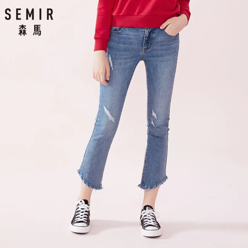 SEMIR женские Мини джинсы с завышенной талией необработанными краями облегающие