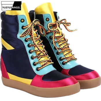 

Brand Hip Hop Casual Shoes Women Autumn Winter High Top Boots Fashion Mixed Colors Lace Up Increasing 4CM Ankle Shoes