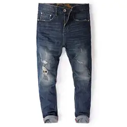Новая мода Для мужчин плюс Размеры 30-44 46 48 2018 джинсы весна Повседневное отверстия рваные синий Прямые джинсы человек хлопок джинсовые брюки