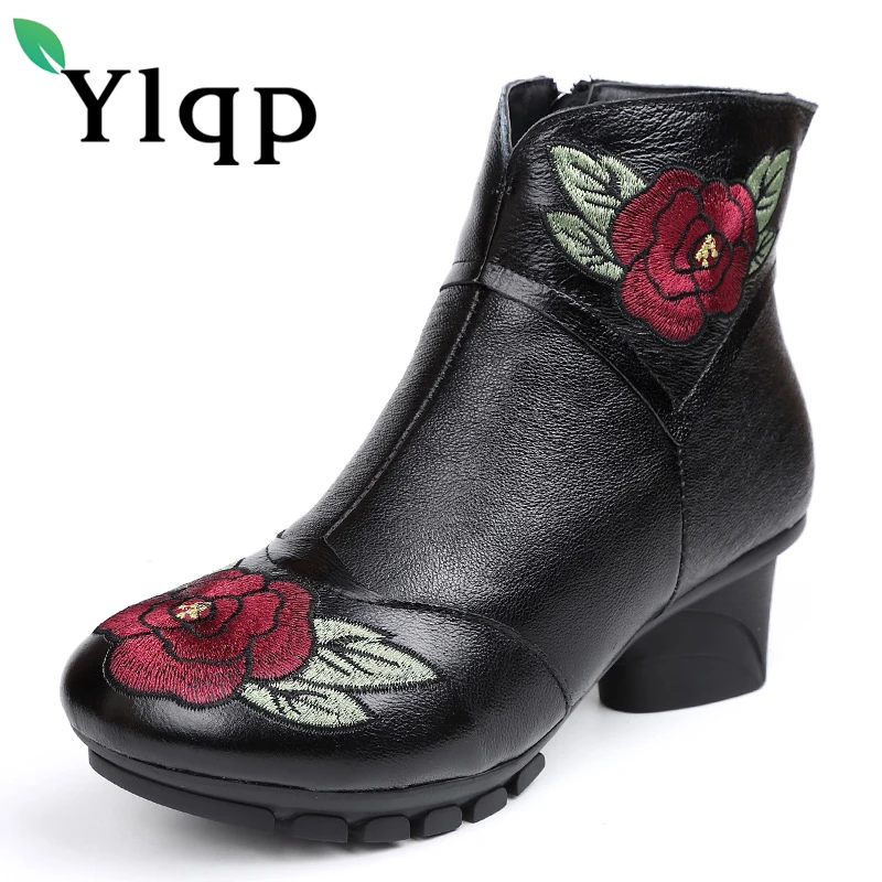 

Ylqp Genuine Leather Embroidered Flower Women Boots National Style Floral Soft Bottom Round Warm Shoes for Women Winter Shoes