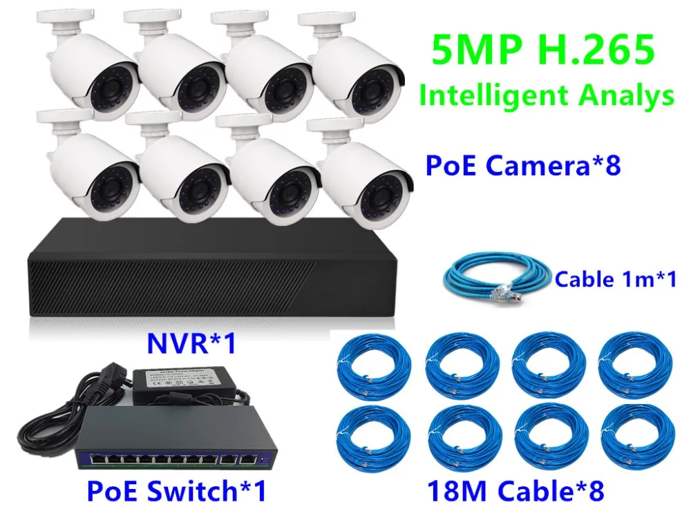 

8CH/4CH 5.0MP 3.0MP H.265 Intelligent Analys IP PoE Camera 16CH*5.0MP NVR 48V PoE Switch 18M Lan Cable CMS XMEYE P2P Cloud