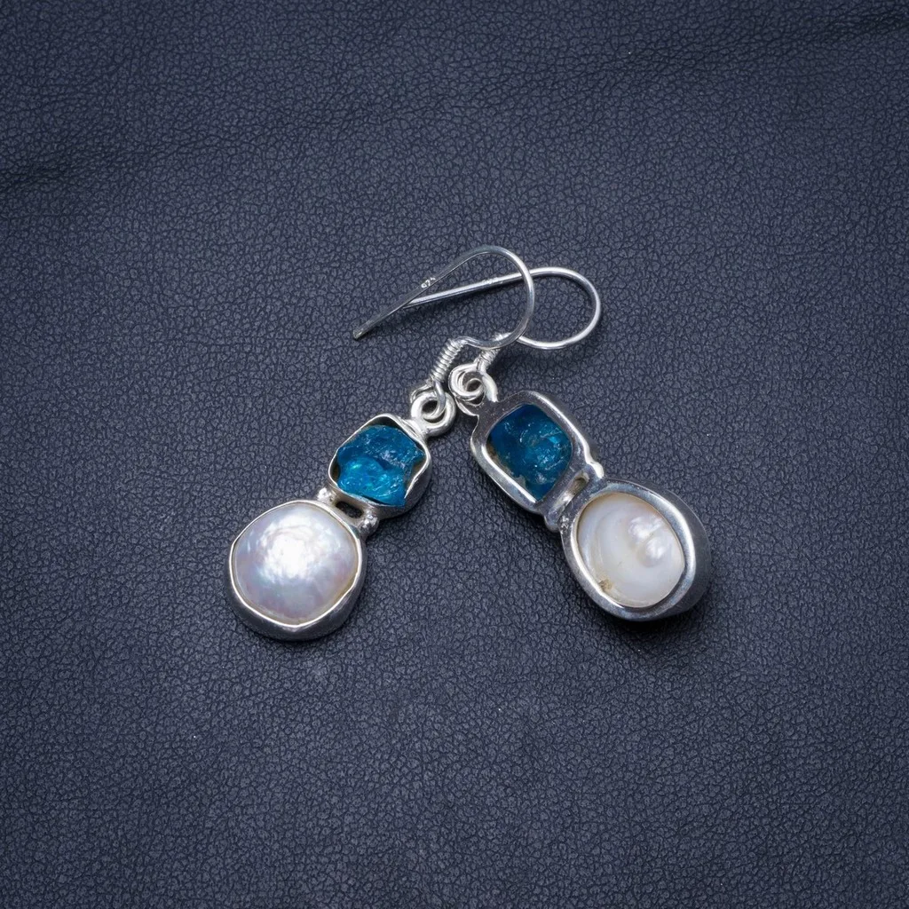

Natural Biwa Pearl and Kyanite Handmade Unique 925 Sterling Silver Earrings 1.5" X5002
