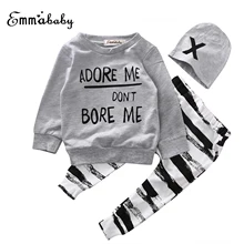 Осень детская одежда для мальчиков Комплекты одежды для малышей новорожденных для маленьких девочек с длинными рукавами для мальчиков футболка+ брюки Зебра шапочка, комплекты из 3 предметов, комплект одежды