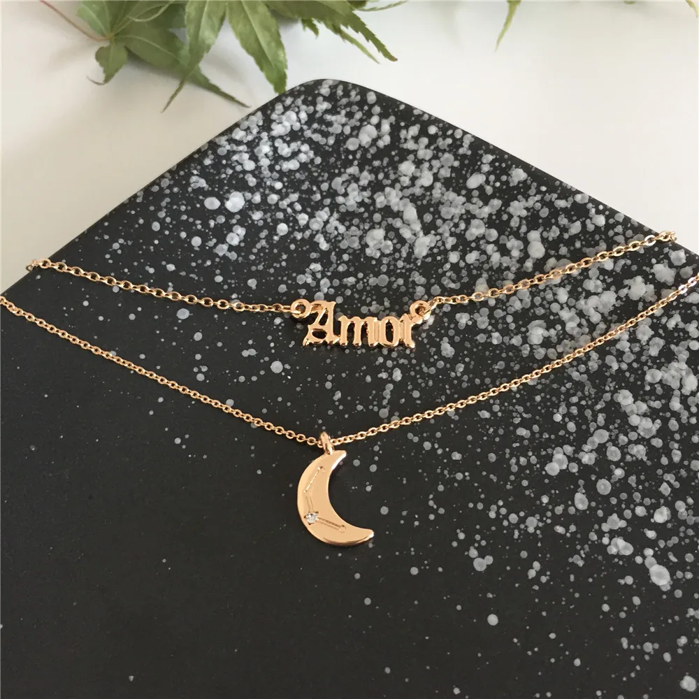 

GIRLY WOMEN NECKLACE GOLD COLOR PLATING OLD ENGLISH FONT AMOR LETTER WITH CRESCENT LAYERED NECKLACE