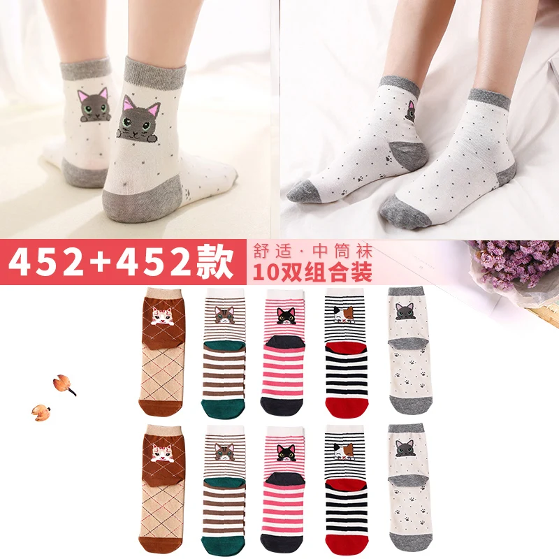 Корейские забавные носки для рождественских подарков для женщин, с кошкой, сумасшедшие носки, 10 пара/лот, высокое качество, модные женские носки - Цвет: BJ452452-