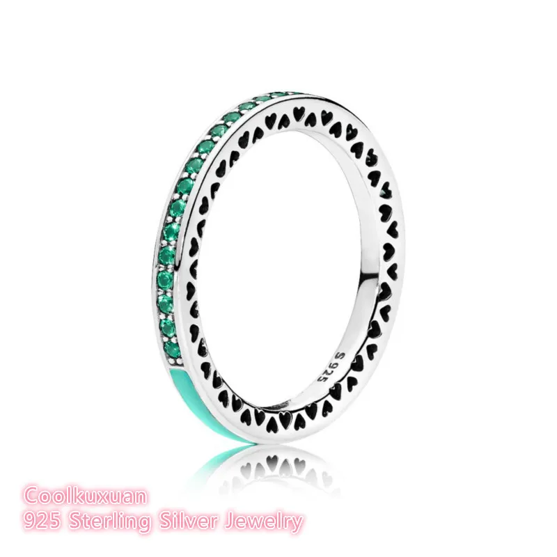 

European Style Original 925 Sterling Silver Rings Radiant Hearts Bright Mint Enamel & Royal Green Crystals Rings for Women
