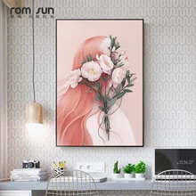 נורדי סגנון קריקטורה בד ציור ילדה עם פרח אמנות קיר תמונות עיצוב בית לסלון ורוד ירוק ו הדפסי