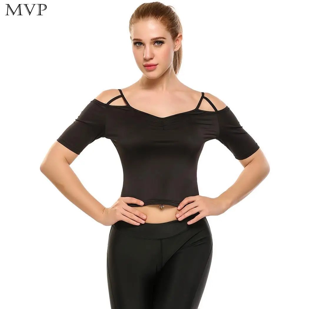 Cutout Cropped Yoga Top Cold Shoulder Short Sleeve Women Padded