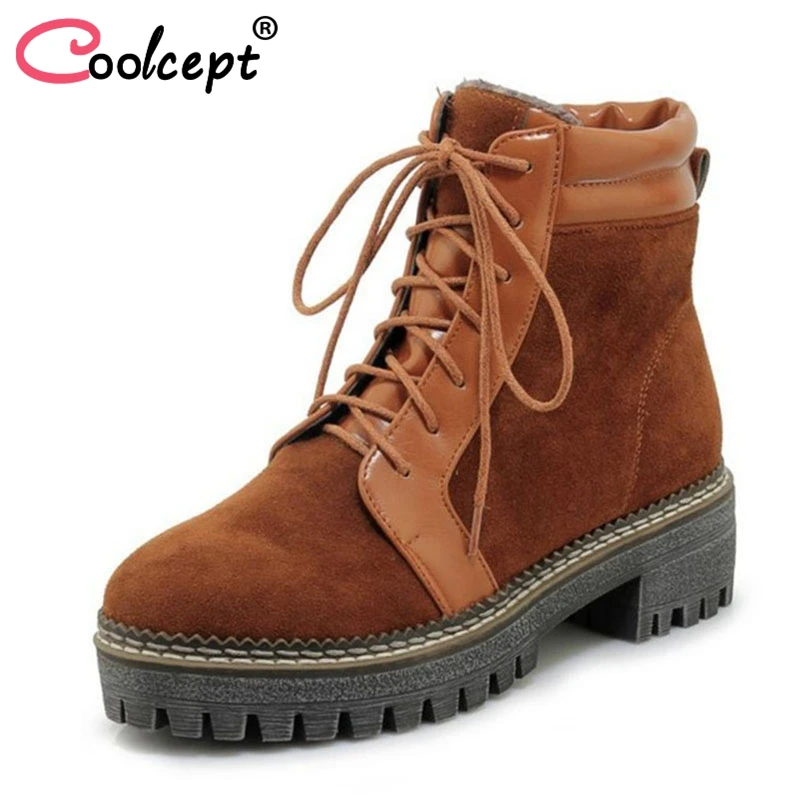 

Coolcept Size 33-43 Women Flats Boots Winter Fur Warm Shoes Woman Cross Strap Ankle Boots Fashion Concise Ladies Footwear