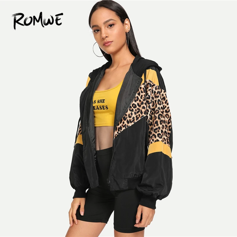  ROMWE Leopard Print Hooded Jacket Women Autumn Clothing Sporty Womens Jackets And Coats Female Zip 