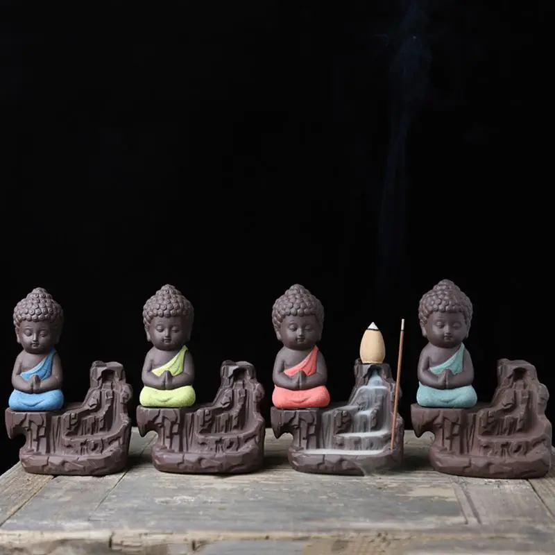 Reflow Ceramic Little Monk Buddha Smoke Backflow Cone Stick Censer Incense Burner Holder Decoration Aromatherapy