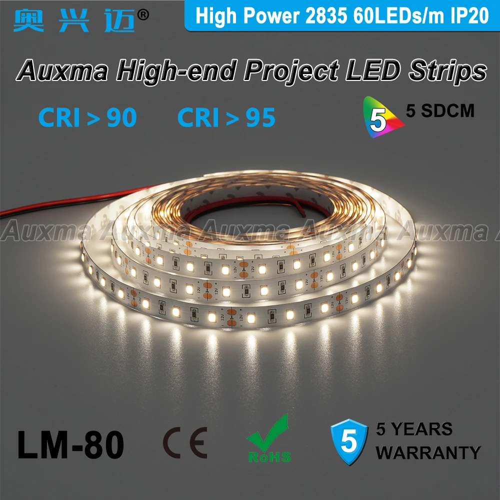 Высокая Мощность 2835 60leds/m Светодиодные ленты, CRI95/CRI90, IP20, DC12V/24 V, 14,4 Вт/м, 300 светодиодов/Катушка, не водонепроницаемый для внутреннего, лобби, спальня