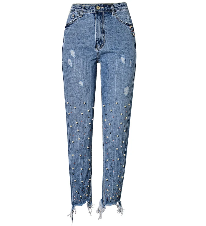 2017 fashion European and American women's high waist Slim straight pearl 3-color studs irregular feet tassel washed cowboy trousers (11)