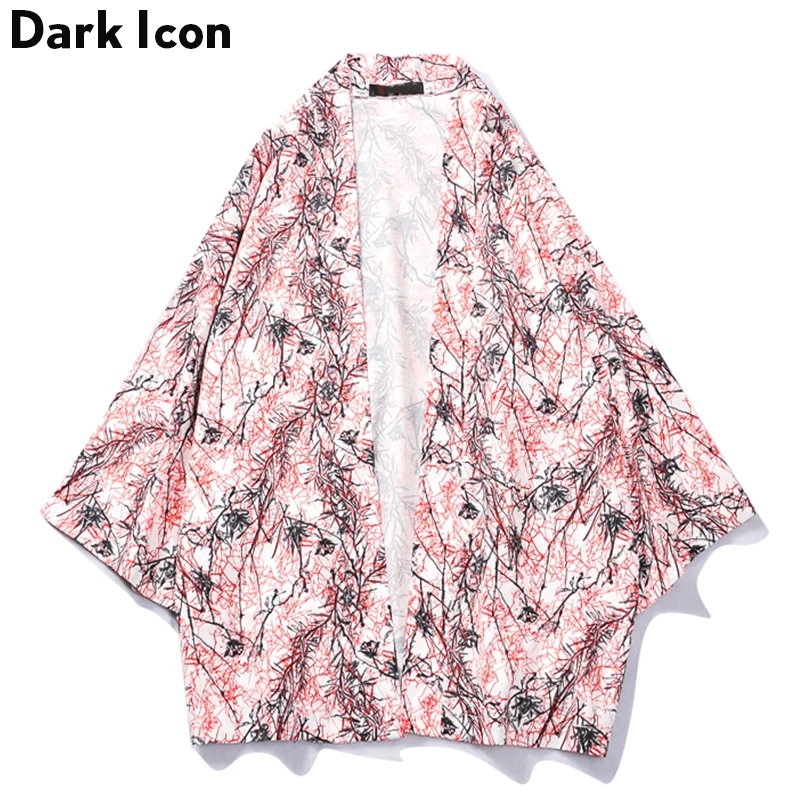 

Dark Icon Thorn Print Open Stitch Men Kimono 2019 Summer Three Quarter Sleeve Sunprotect Men's Shirt Street Clothing