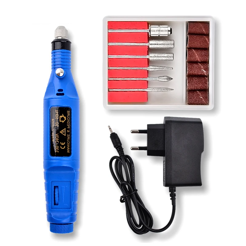 Электрическая дрель для маникюра, профессиональная дрель для маникюра, педикюра, электрическая дрель, ручка для ногтей, машинка, набор, 6 бит - Цвет: Blue-EU Plug