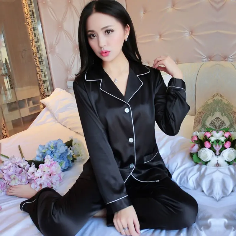 

Pajamas Evening Wear Sexy Lingerie Women Underwear Silk Satin Long Sleeve Femme Embroidery V-neck Sleepwear Plus Size Nightwear