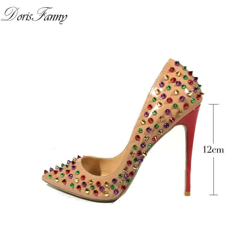 DorisFanny/лакированные кожаные туфли женские туфли-лодочки пикантные свадебные туфли с острым носком на высоком каблуке цветные каблуки с шипами Размер 34 = 45 - Цвет: Color studs 12cm