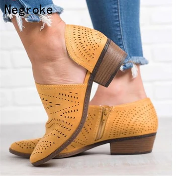 

2020 Fashion Women Boots Summer Autumn Block Low Heel Ladies Booties PU Leather Botines Hollow Out Ankle Platform Botas Mujer