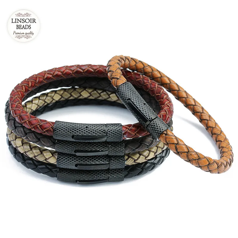 

Linsior Vintage Style Genuine Leather Bracelets 19cm 20cm Stainless Steel Black Magnetic Women Men Bracelet Cuir Homme Jewelry