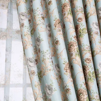 

America Pastroal Style Floral Printed Light Blue Curtain Polyester Blockout Cloth Curtain for Living Room Bedroom