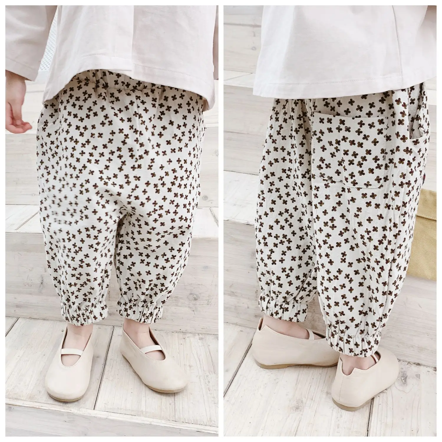

Spring Korean style floral printed loose ankle-length casual pants for cute girls kids baby girl cotton linen loose trousers