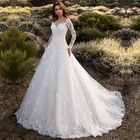 Loverxu Chic V-Neck A Line Wedding Dress 2019 Demure Applique Long Sleeve Backless Bride Dress Court Train Bridal Gown Plus Size