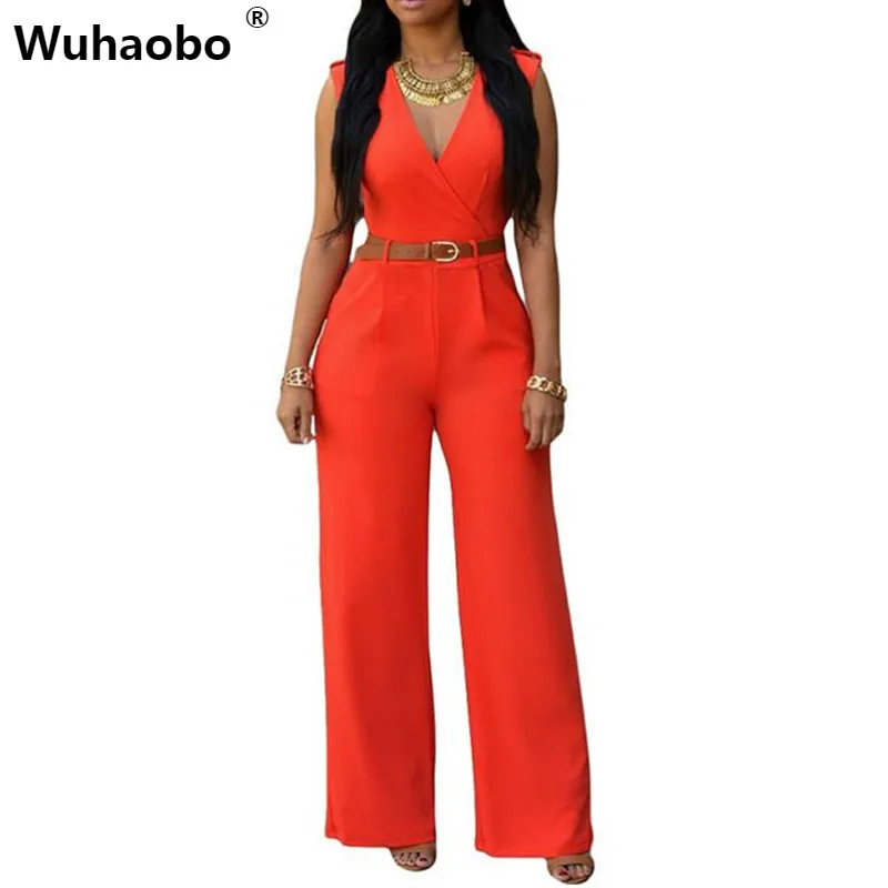 

Wuhaobo V neck Elegant Work Jumpsuit Body Feminino Streetwear Summer Clothes Rompers Women Plus Size Wide Leg Pants With Belt