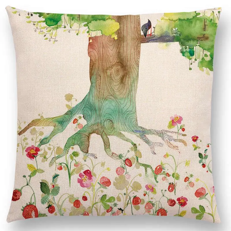 Свежий стиль акварельный мультфильм птица красивое дерево листья цветы Единорог сказка подушка для дивана бросок наволочка - Цвет: a025006