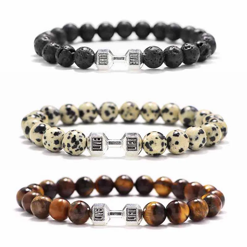 

Men's Bracelet Lava Bead Natural Stone Tiger Eye Brand Trendy Rosary 8mm Dumbbell Yoga Bangles For Women Jewelry Couple Gifts