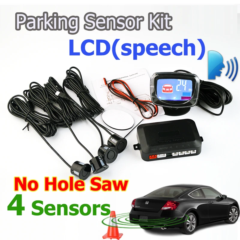 4 Sensors No Drill Hole Saw English Human Voice LCD Parking Sensor Kit Real Person Speech 22mm