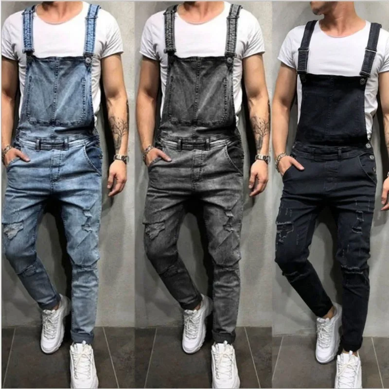 

Moomphya 2019 Ripped Holes Denim Overalls Men Jeans Sreetwear Hip Hop Suspenders Pants Jeans Men Braces Cargo Pants Jean Men