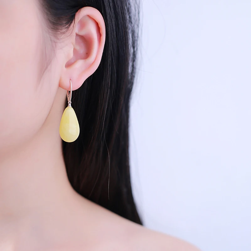 JIUDUO Natural Amber Earrings Teardrop-shaped Fashion 925 Silver Drop Earrings for Women JIUDUO Natural Amber Earrings Teardrop-shaped Fashion 925 Silver Drop Earrings for Women