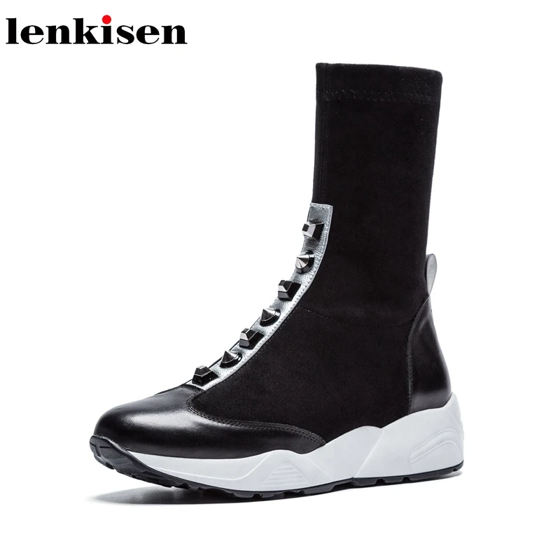 

Lenkisen handmade mixed colors cow leather flock zipper round toe thick med bottom rivets decoration women thigh high boots L06
