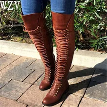 Женские сапоги до колена; коллекция года; сапоги для верховой езды с перекрестной шнуровкой; женская обувь; chaussures femme ete; обувь на молнии с заклепками; sapato feminino; C332
